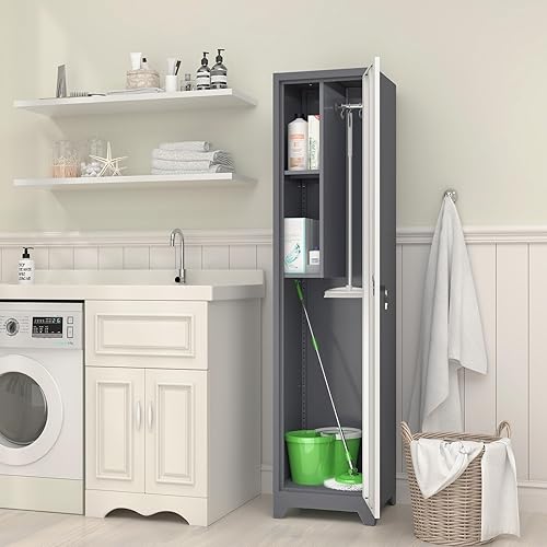 Miniatura 2 de GREATMEET Armario de almacenamiento de metal con cierre delgado, armario utilitario con cerradura de 65 pulgadas, armarios de almacenamiento de gris