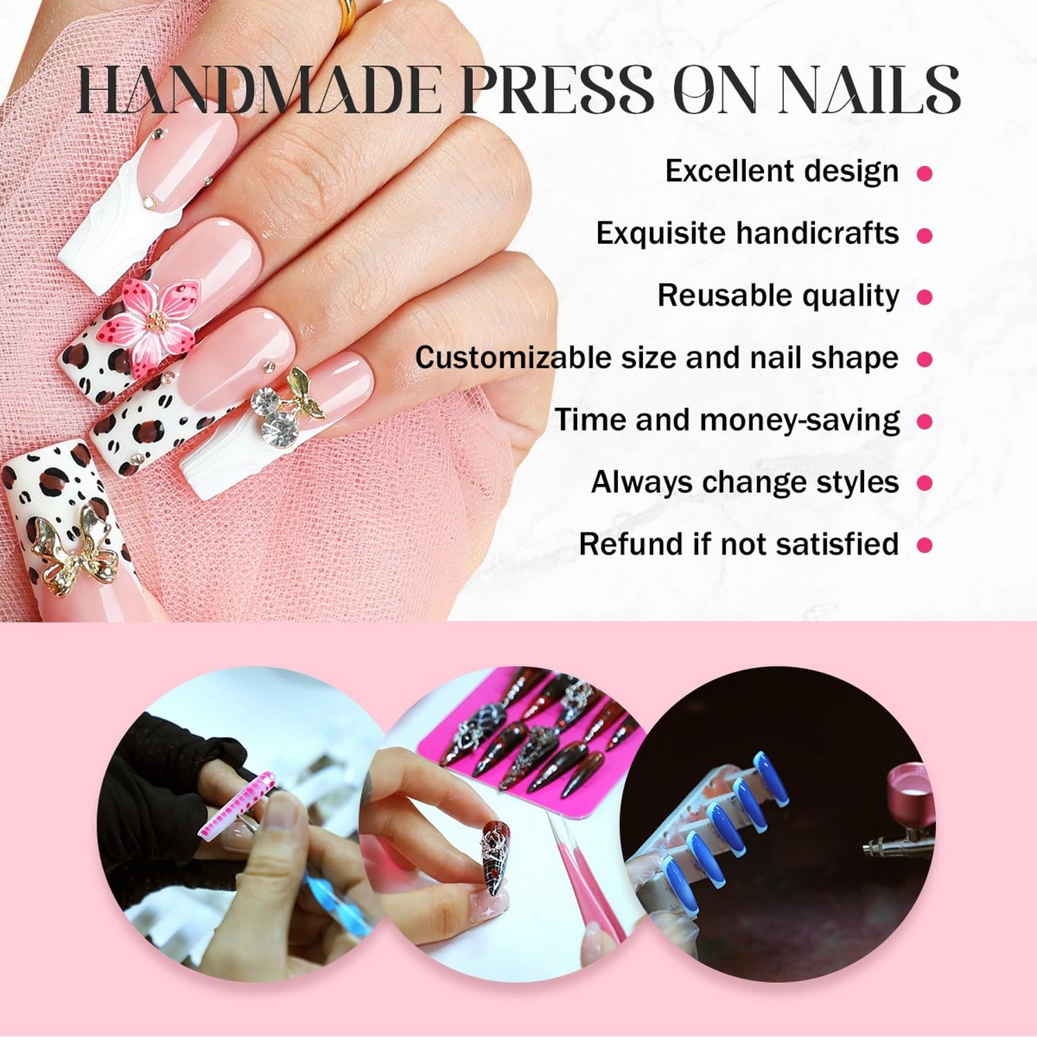 White French Tip Handmade Press on Nails Medium Square Fake Nails Muti-Layer Gel False Nails with 3D Flower Rhinestones Designs Thick Acrylic Nails Full Cover Stick on Nail for Women Nail DIY (Size M): M Colorful Almond M