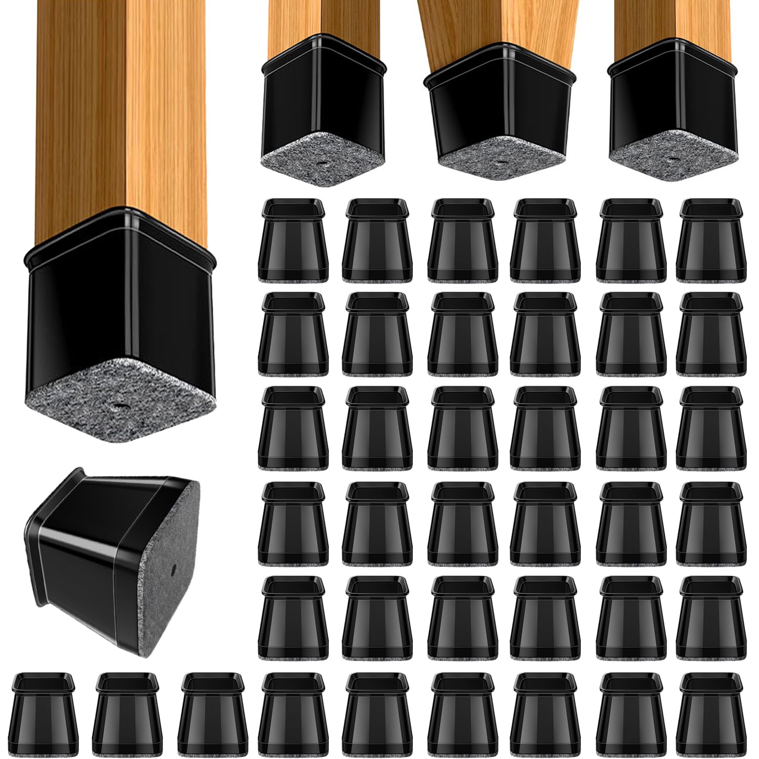 BUMACO Chair Leg Floor Protectors Square Chair Leg Protectors for Hardwood Floors Silicone Pads Covers to Protect Floors(Black-40 Pcs, Square L (1.02"-1.5"))