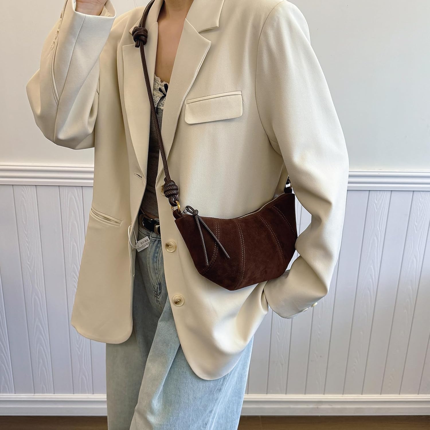 Small Crescent Genuine Suede Leather Crossbody Bag Shoulder Tote Handbag Trendy Purse for Women Gift Idea - Image 2