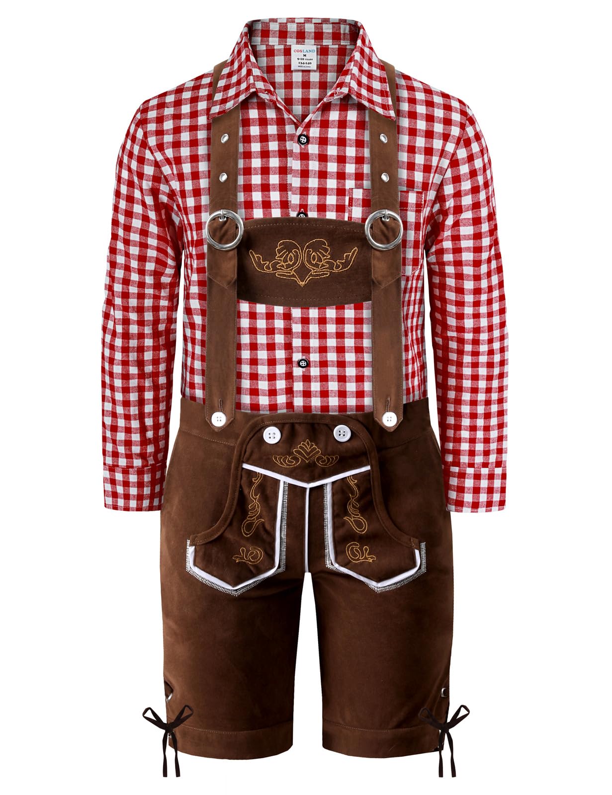 MOMBEBE COSLAND Kids Oktoberfest Outfit Boys Beer Costume, Lederhosen + Red and White Plaid Shirt, 5-6 Years