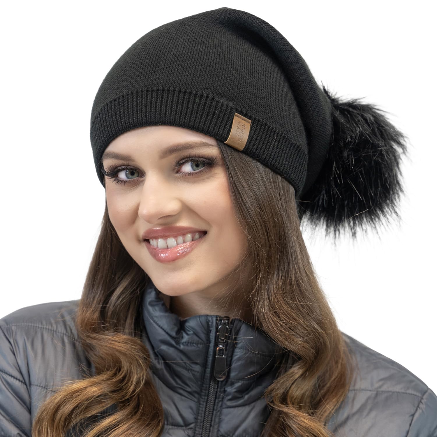 Vivisence Stylish Winter Women's Hat with Pom-Pom and Secure Extended Back Made from Warm Yarn with Double-Folded Bottom Unlined Interior Perfect for Cold Winter Days, Black,UNI