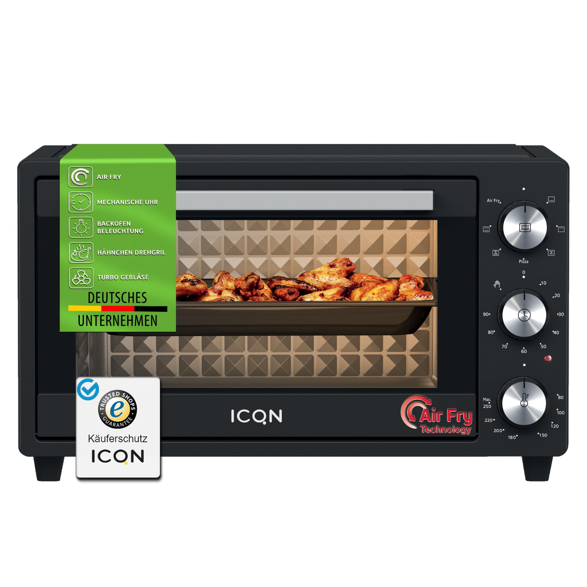 ICQN Minihorno de 20 litros con airfry, freidora de aire caliente, calor superior/inferior con función de recirculación, 5 funciones de parrilla, temporizador de 90 minutos, 1500 W, mini horno, 80° –