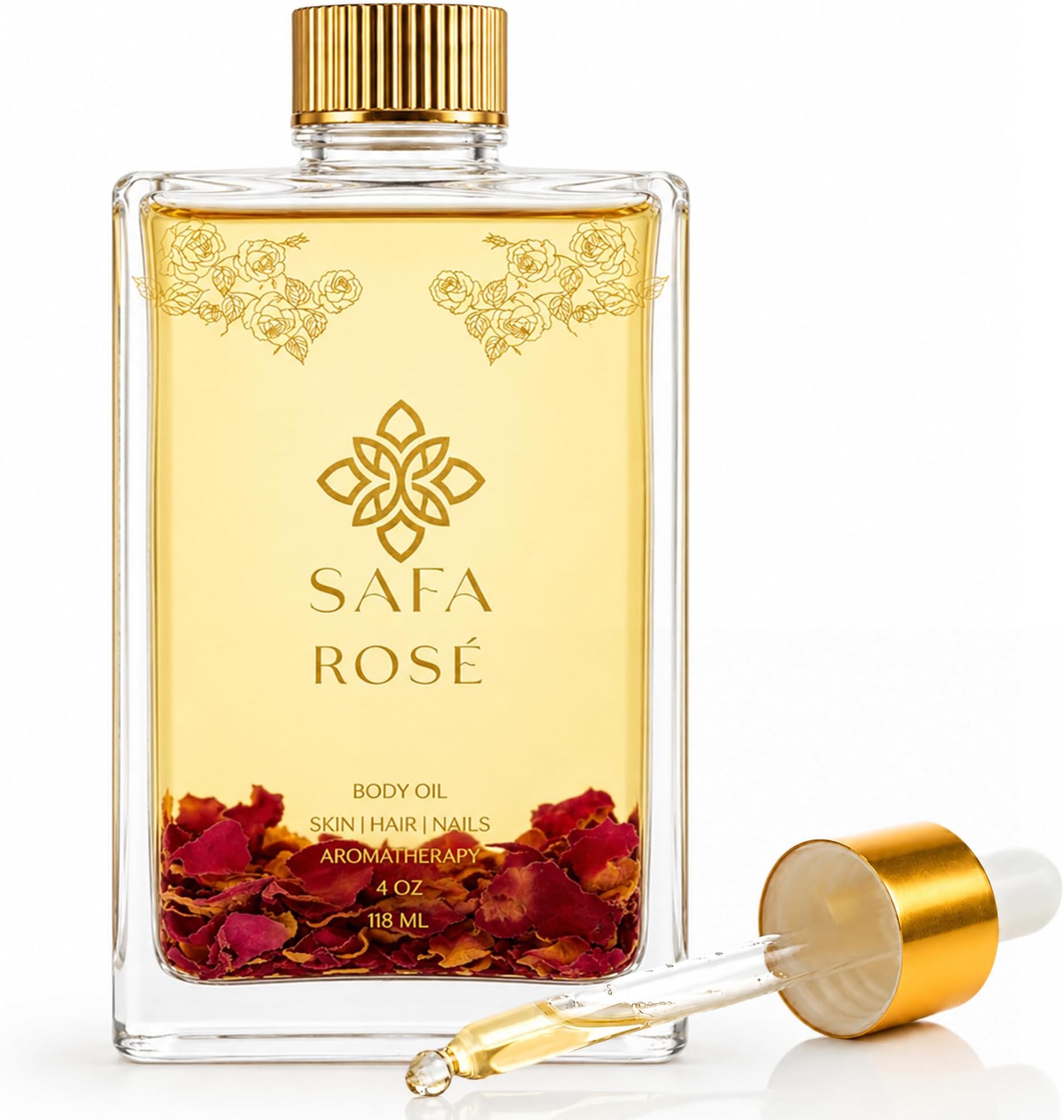 Rosé Body Oil | Luxury Bulgarian Rose Oil & Real Rose Petals| 4 fl oz | Fast Absorbing After Shower Hydrating Oil | Moroccan Argan Sweet Almond & Vitamin E | Silky Moisturizer Face, Skin & Nails