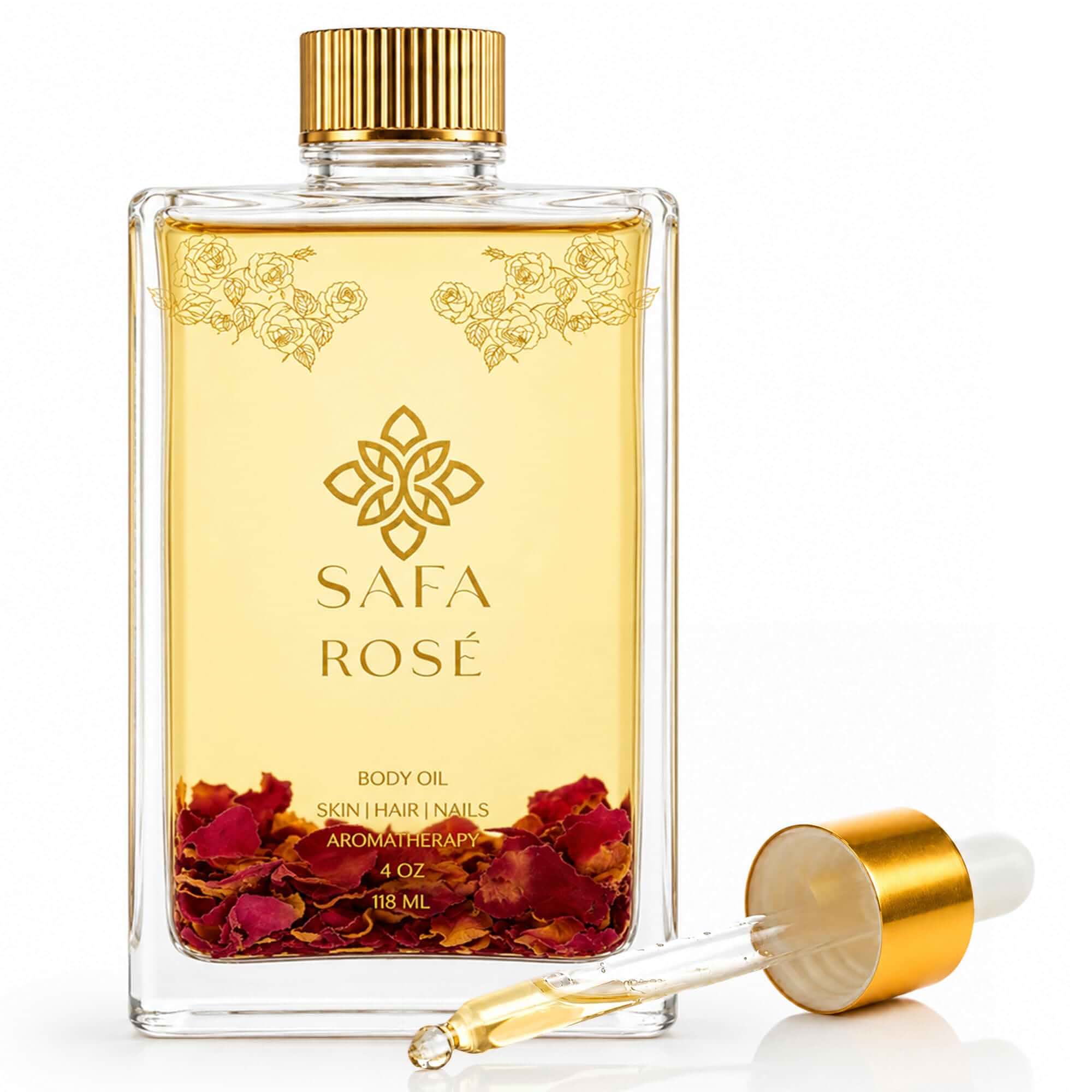 SAFARose Body Oil | Bulgarian Rose Essential Oil & Rose Petals | 4 fl oz Fast Absorbing After Shower Scented Body Oil | Organic Argan & Sweet Almond | Silky Moisturizer for Face, Skin, Hair & Nails