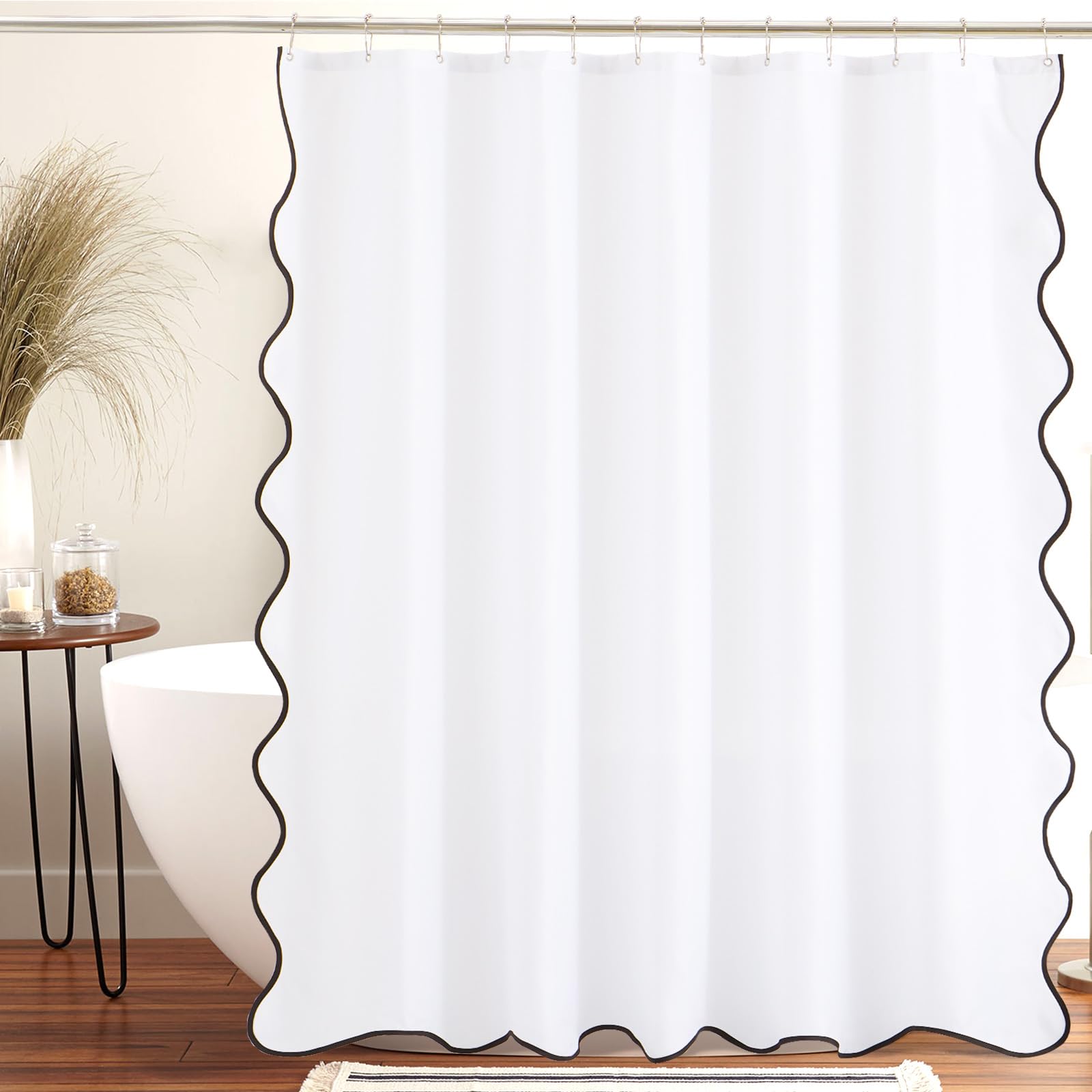 Rideau de douche imperméable blanc à bord festonné noir avec crochets inclus