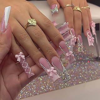 Long Square Press on Nails French Tip Fake Nails Pink False Nails with Bow Rhinestones Designs Long Square Nail Press ons Sparkly Glue on Nails Cute Stick on Nails for Women 24Pcs