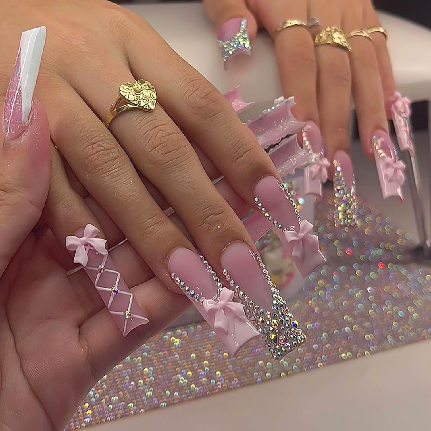 RUOKEXIN French Tip Press on Nails - Pink Bow Designs