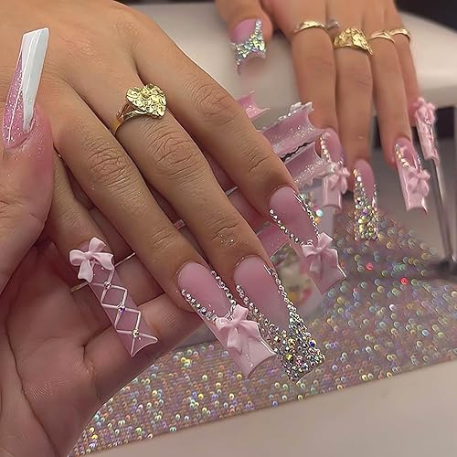 RUOKEXIN Long Square Press on Nails French Tip Fake Nails Pink False Nails with Bow Rhinestones Designs Long Square Nail Press ons Sparkly Glue on Nails Cute Stick on Nails for Women 24Pcs - Long Style-C5C35