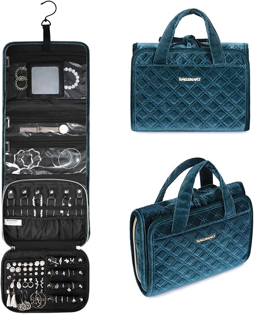 BAGSMART Travel Hanging Jewelry Organizer Case Foldable Velvet Jewelry Roll with Hook for Journey-Rings, Necklaces, Bracelets, Earrings, Peacock Blue