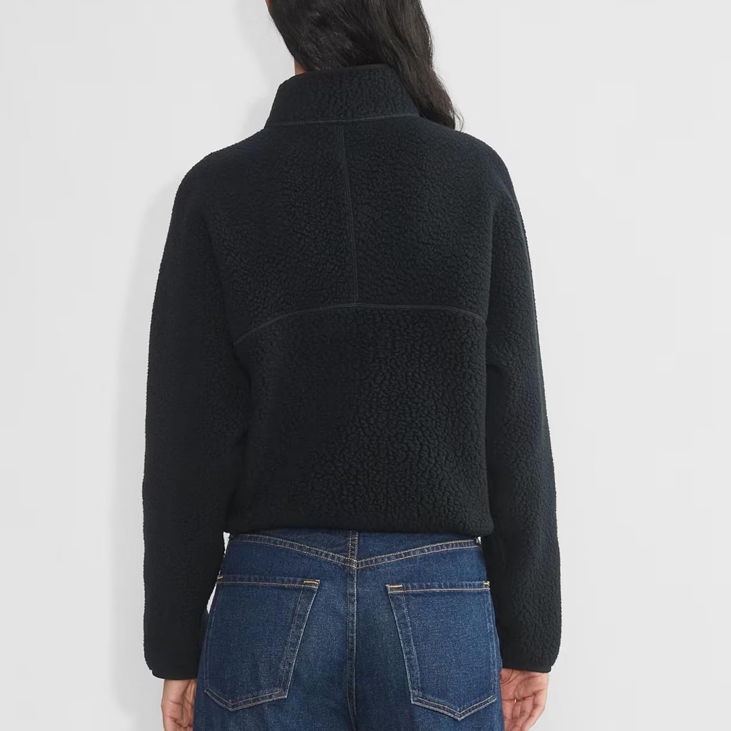 Fleece Sweatshirts for Women Cropped Long Sleeve Half Zip Pullover Sherpa Jacket Warm Fuzzy Coats with Pockets(Black,L) - Image 3