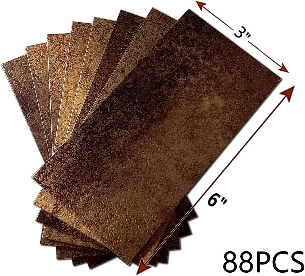 XUANINY 32-Piece Peel and Stick Metal Backsplash Tiles, Self Adhesive Aluminum Mosaic 3D Wall Sticker for Kitchen Subway(3"x6") (Rectangle) (Printed Coffee, 88)