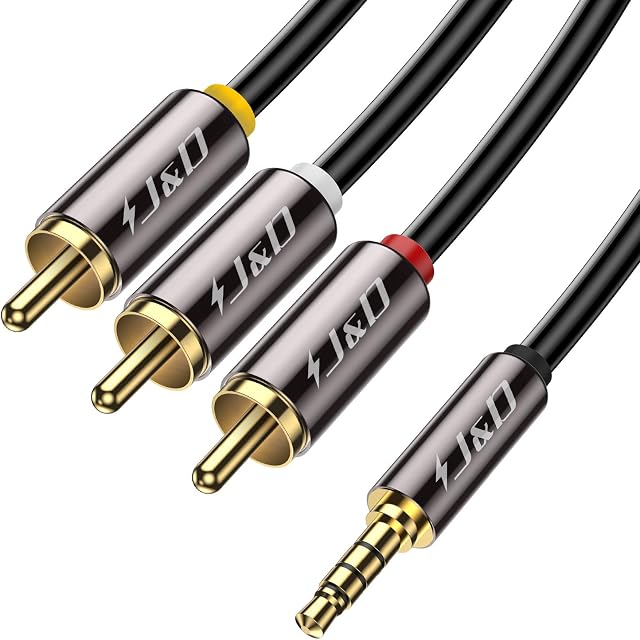 J&D 3.5mm to RCA AV Cable, Gold Plated Copper Shell Heavy Duty 3.5mm 1/8 inch Male TRRS to 3 RCA Male Plug Stereo Audio Video AUX Cable for Tablet, Speaker, Home Theater, 1.8 Meter