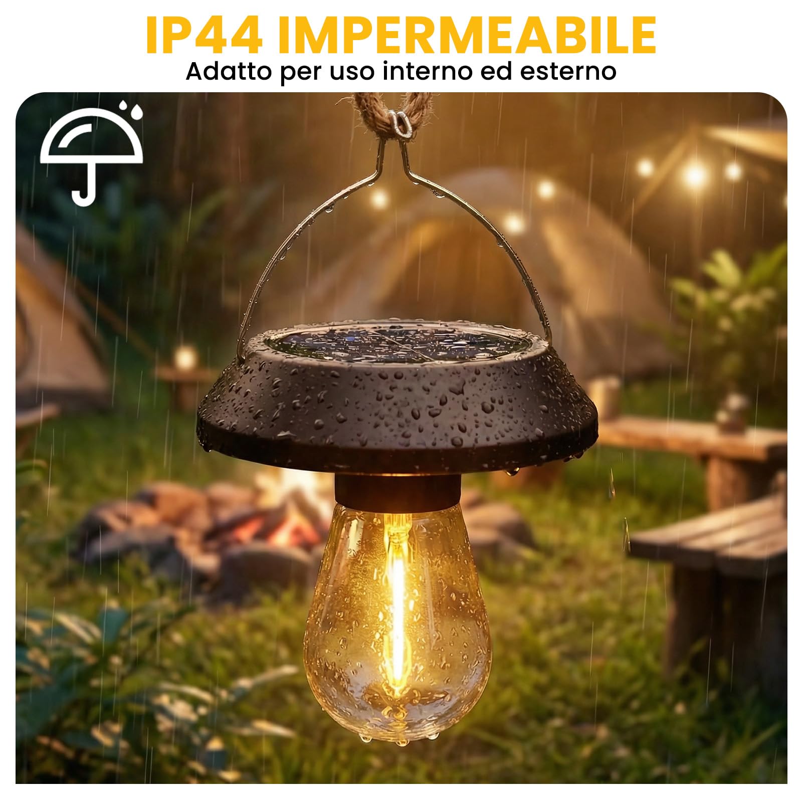Lampada da Campeggio LED Solare, Lanterna Solare per Tenda, Luce Solare Esterno IP44 con Gancio, Lampada Tenda per Campeggio, Trekking e Illuminazione di Emergenza, 2 Pezzi