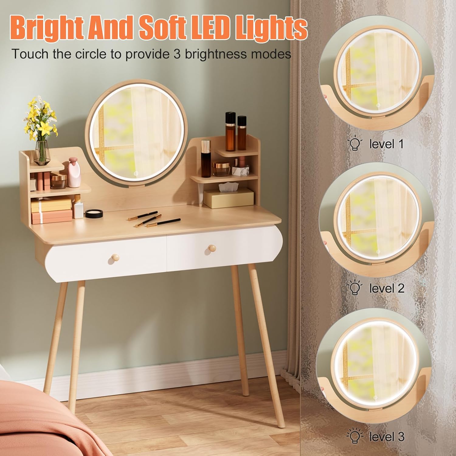 Small Vanity Desk with Mirror and Lights – Compact Wooden Makeup Dressing Table with 2 Drawers, Open Shelves, Bedroom Vanity Desk for Small Spaces