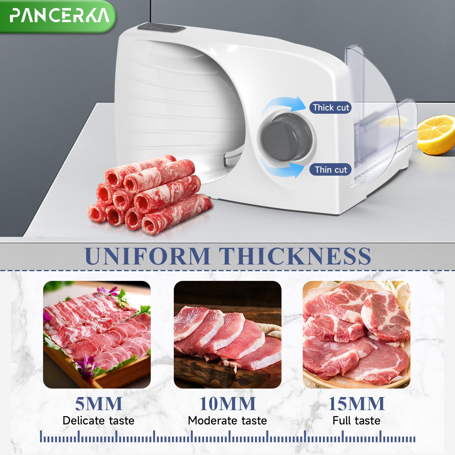 Cortadora de carne eléctrica PANCERKA, rebanadora de alimentos para charcutería, grosor ajustable de 0 a 15 mm, apta para uso doméstico y comercial, para cortar embutidos, carne, verduras, frutas, cor