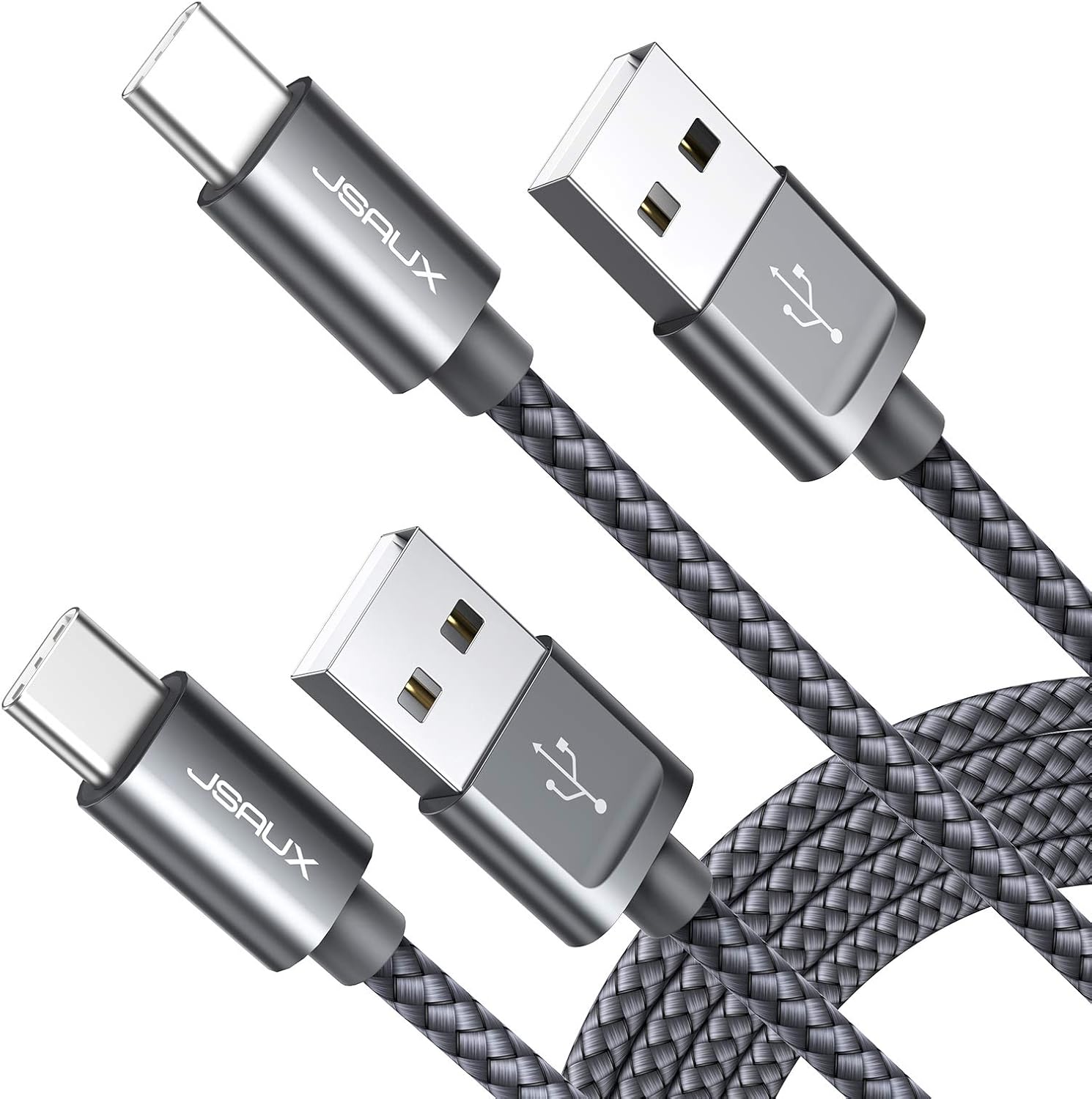 JSAUX USB Type C Cable 3A Fast Charging, [2-Pack 10Ft] USB-C Charge Nylon Braided Cord for Samsung Galaxy S20 S10 S9 S8,USB C Charger and More-Grey