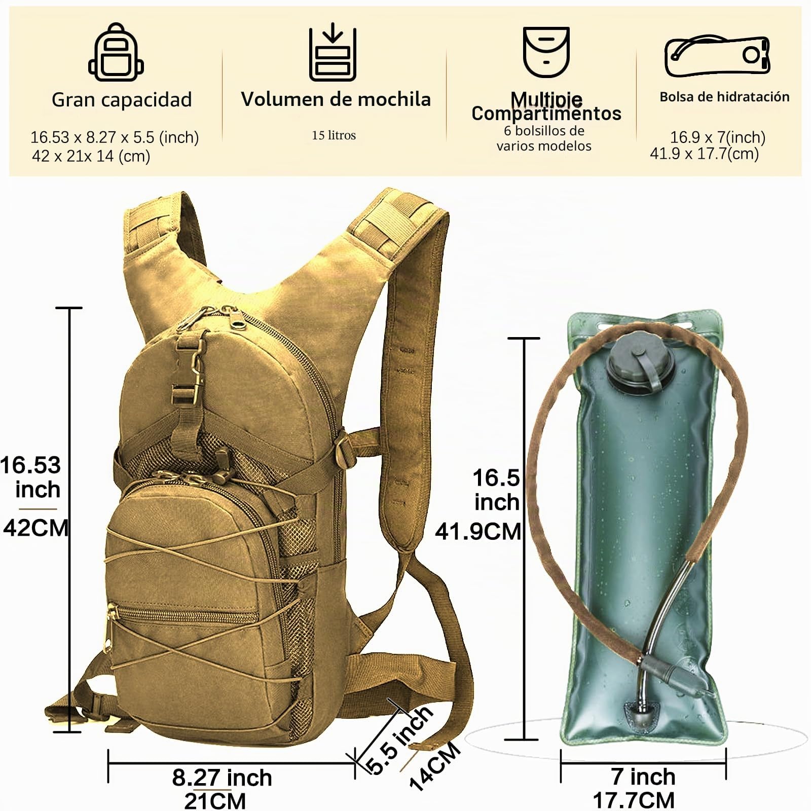La Mochila táctica RAPIDSKY con Bolsa de Agua de 3 litros, diseño de Gran Capacidad, Unisex, Ideal para Senderismo/Ciclismo/Carrera/Caza.
