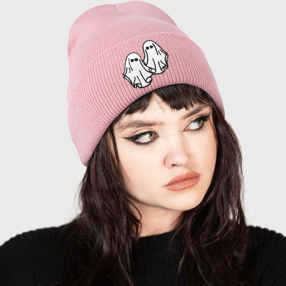 gswirmchsq Ghost Beanie Hat Black, Cute Pink Goth Embroidery