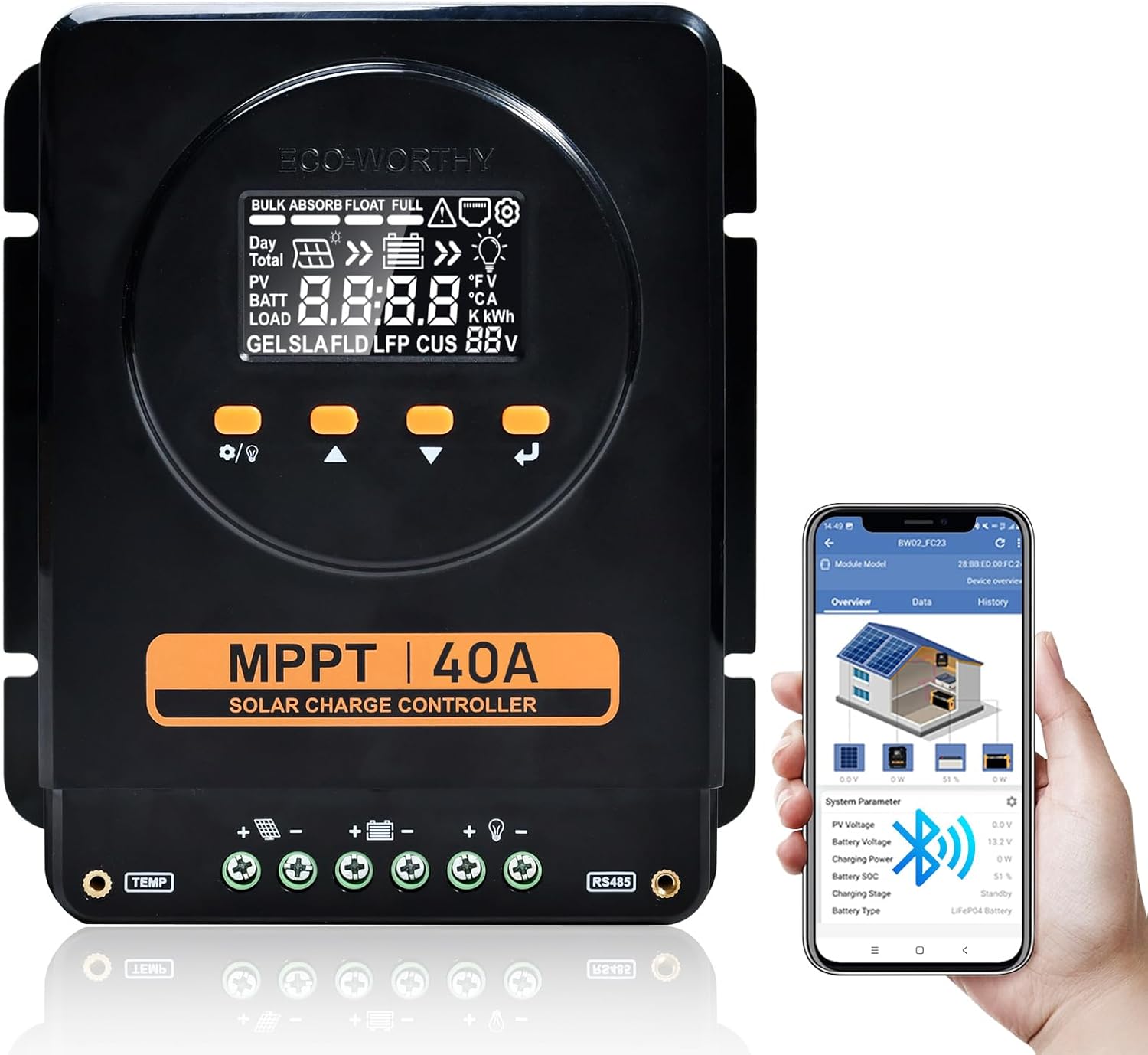 ECO-WORTHY 40A MPPT Solar Charge Controller with Bluetooth, 12V/24V Auto, LCD Display, Compatible with LiFePO4 Gel SLA Battery, Lithium Battery Activation for RV Off-Grid Solar System