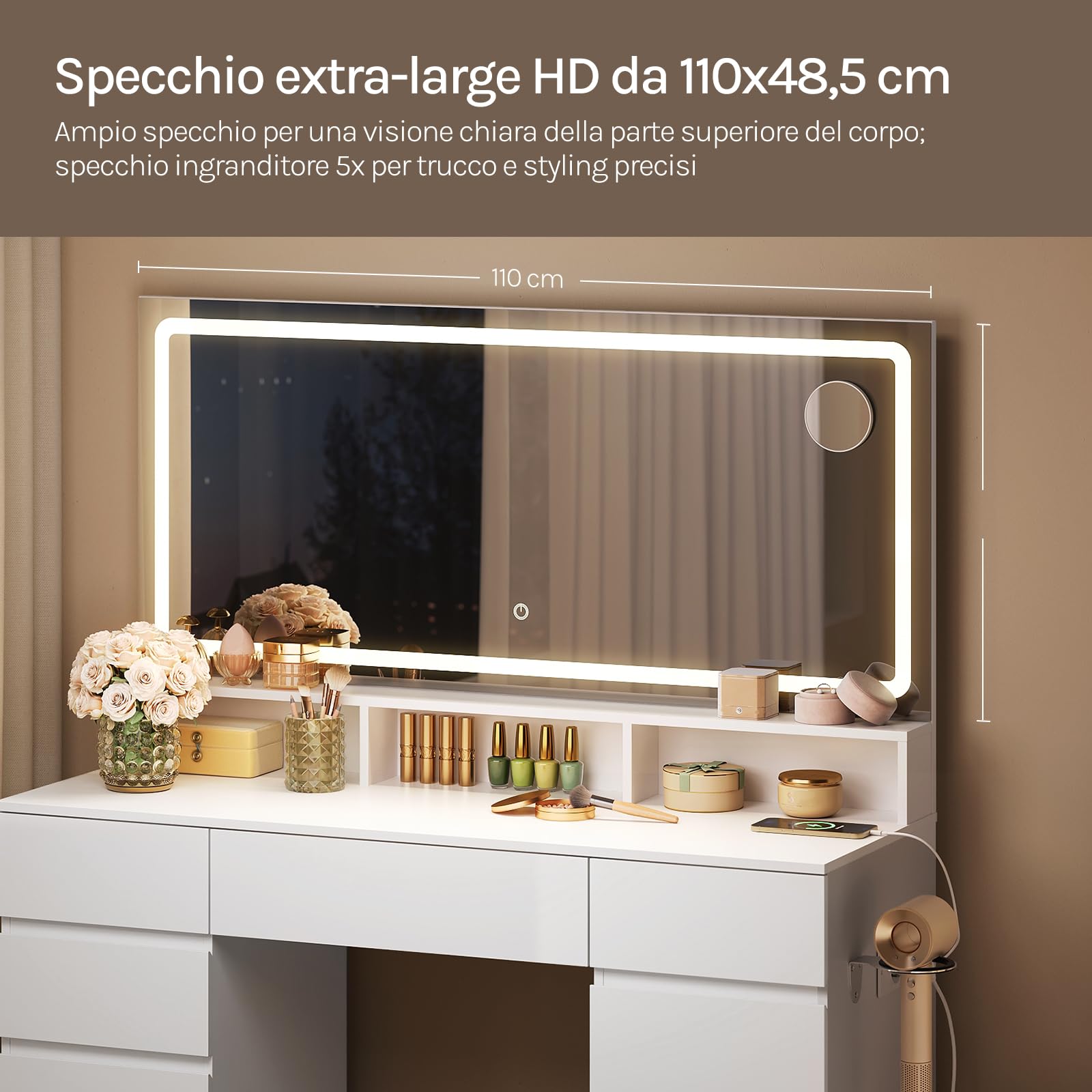WOLTU Toletta da Trucco con Specchio e Luci, Postazione Trucco con Ingranditore 5x, Stazione di Ricarica, 9 Cassetti, 3 Scomparti Aperti e Supporto per Asciugacapelli, per Camera da Letto, Bianco