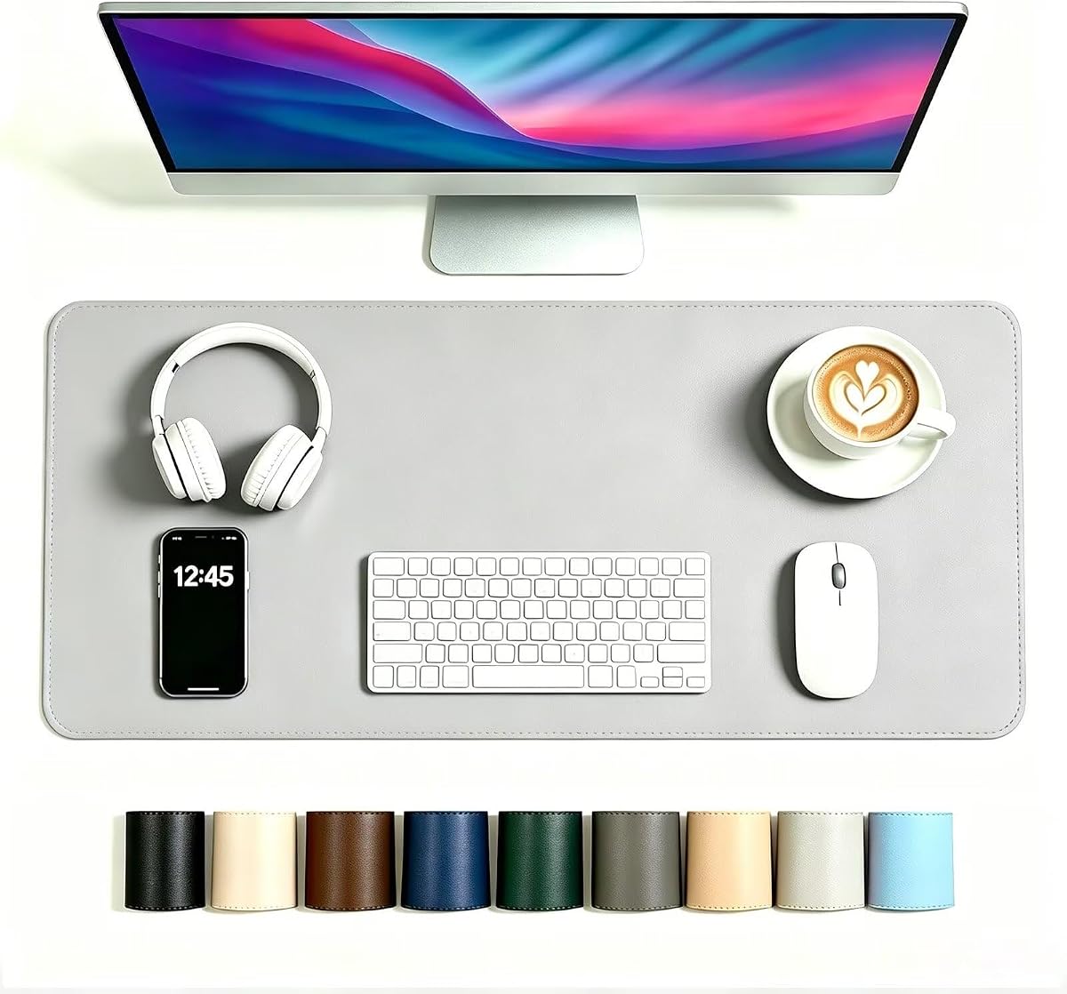 Large Leather Desk Mat - Gray - 15.5 x 28.5 inch - Full Table Keyboard Cover - Computer Desktop Mat for Typing and Mouse Pad - Workspace Surface - Large Leather Table Pad