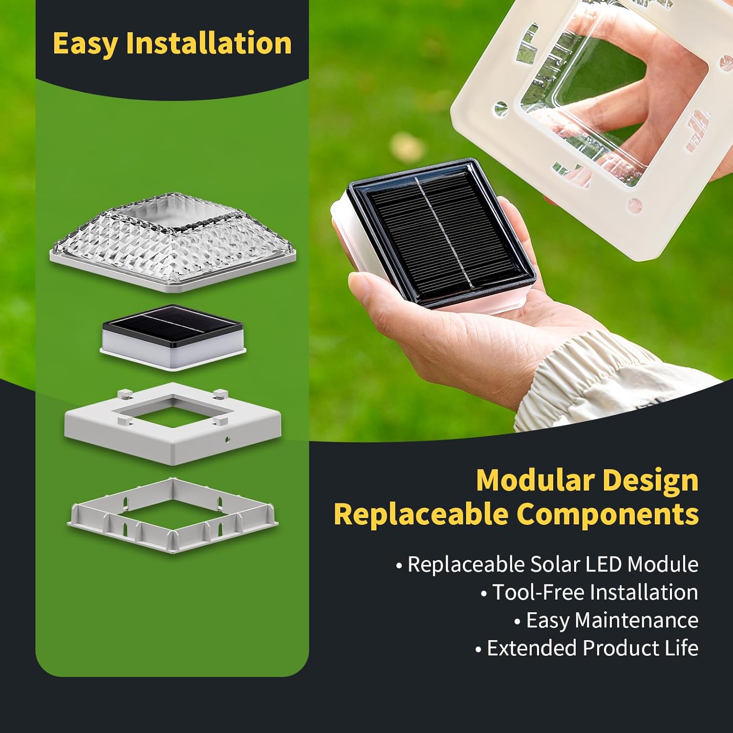 Glass Solar Post Cap Lights with Crystal Style - Decorative Deck Fence Lights for 4x4 5x5 Posts Hidden Solar Panel, Modular Design, 10Hr Runtime, IP65, Warm White, White, 4 Pack