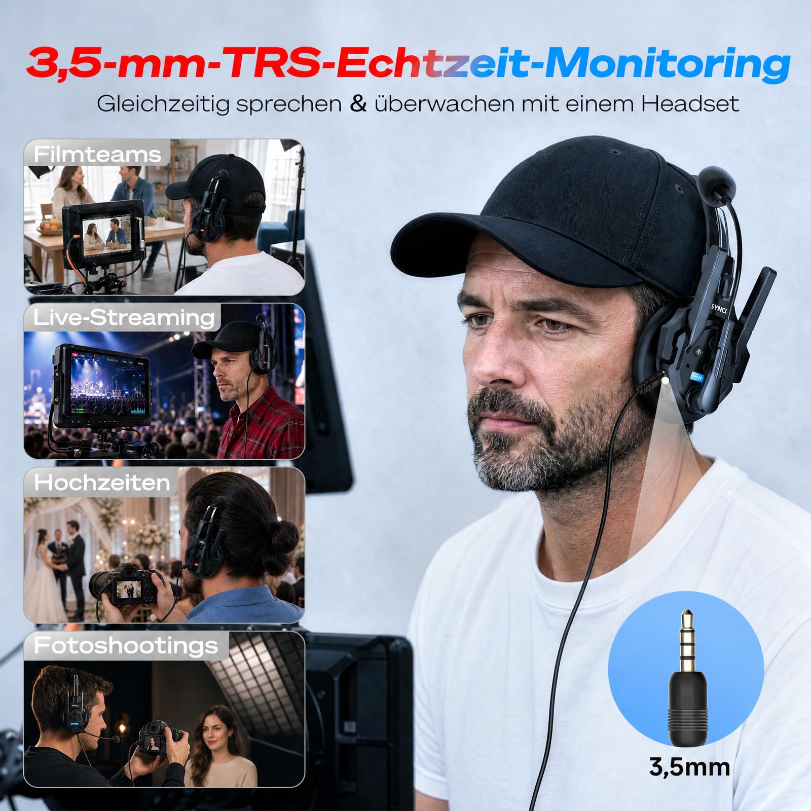SYNCO XTALK XMax2 Wireless Intercom Headset für Film & Teamwork (2PCS) | 500m/1640ft Reichweite, 2.4GHz Full-Duplex, AEC Rauschunterdrückung, 3.5mm Monitor, 24h Akku, für Baustellen, Interviews