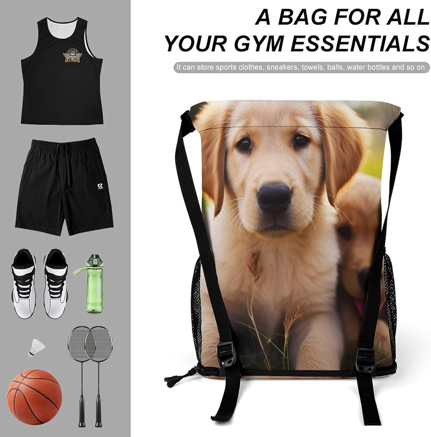 Fitness Drawstring Backpack Waterproof Gym Bag Cute Golden Retriever Puppy Lightweight Dry And Wet Separation Swim Bag