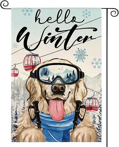 AVOIN colorlife Bandera de jardín con texto en inglés Hello Winter Dog de 12 x 18 pulgadas, doble cara exterior, copo de nieve, esquí, Golden