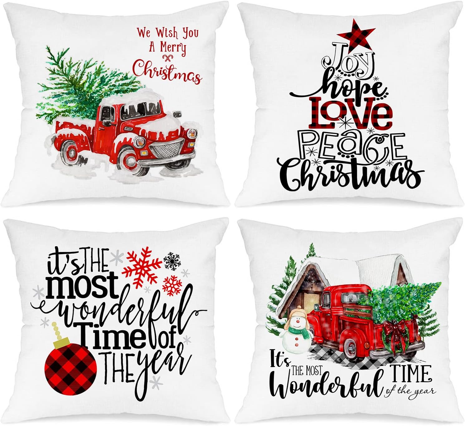 Lanpn Christmas Throw Pillow Covers 22x22 Set of 4, Decorative Holiday Merry Xmas 22 x 22 Red Truck Farmhouse Cushion Pillow Cases for Outdoor Indoor Home House Room Couch Decor