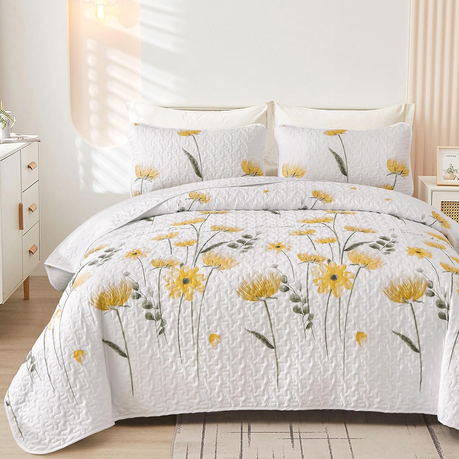 Dinjoy Quilt Set Queen Cute Floral Bedspread Coverlet Yellow Flower Quilts Microfiber Lightweight Summer Bedding Sets Reversible Soft Quilted Bed Cover for All Season(96"x90") - Image 7