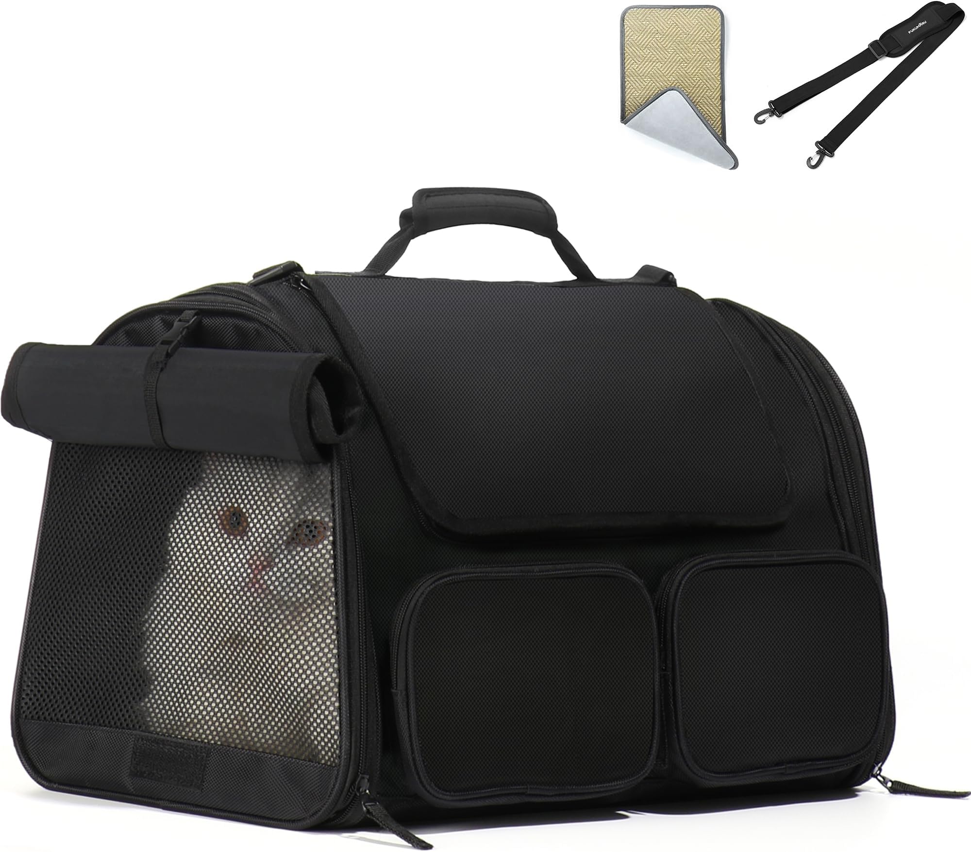 FUKUMARU Cat Carrier, 4 Mesh Windows Small Dog Carrier, 4 Storage Pockets Cat Travel Bag, Under 6.8 Kg Airline Approved Pet Carrier, Rollable Cover for Nervous Cats, Black