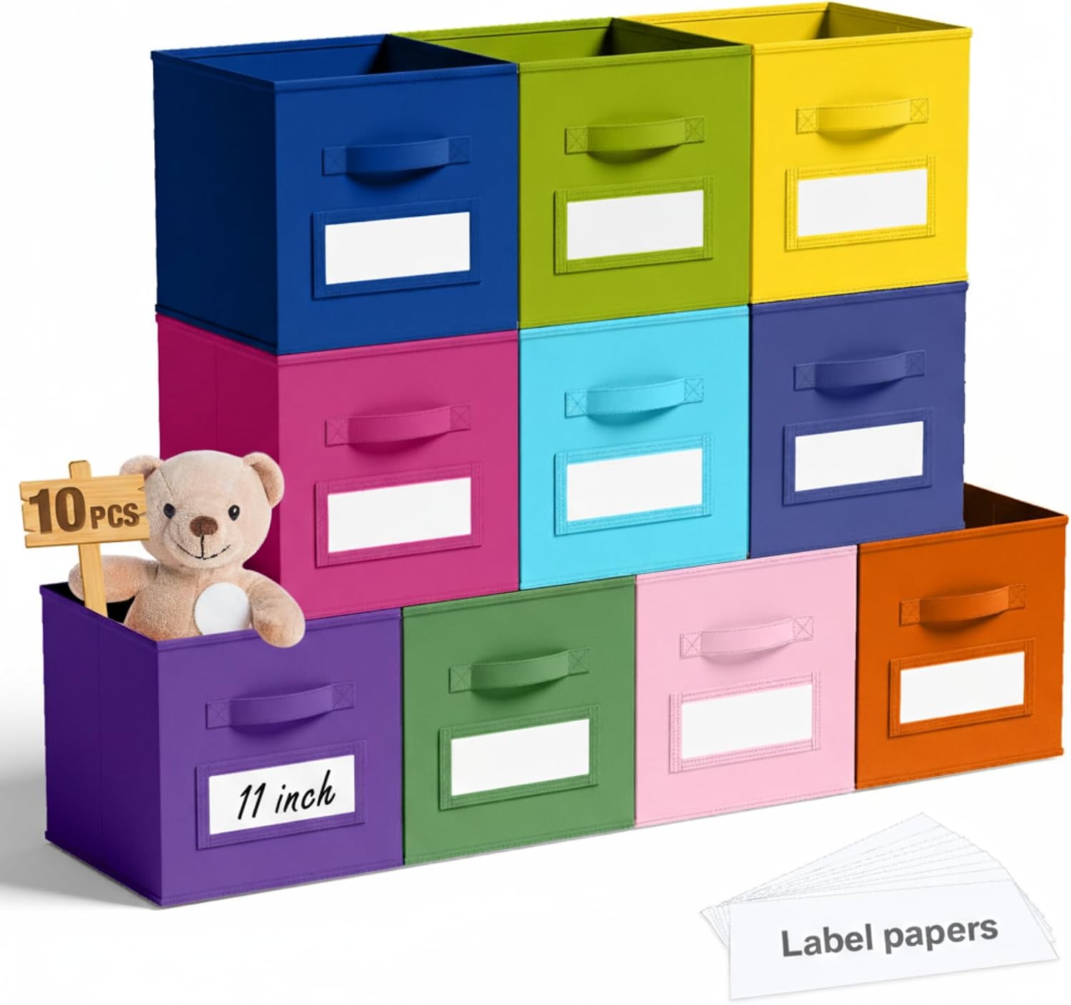 Teenyyou 10 Pack Fabric Storage Cubes 11 Inch Collapsible Cube Bins with Label Window & Handle Foldable Organizers Baskets for Shelf Closet Nursery Kids Room Clothes Book Toy(Candy)