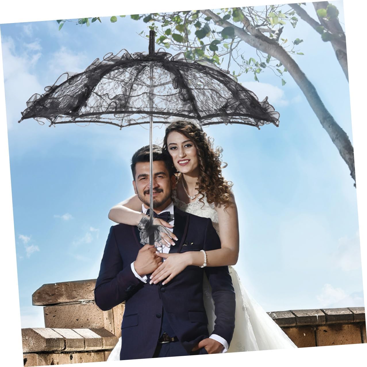 2pcs Black and White Lace Parasol Umbrella for Wedding Bridal Vintage Sun Shade, Decorative Embroidery Stick Umbrella for Women, and Tea Party Accessories