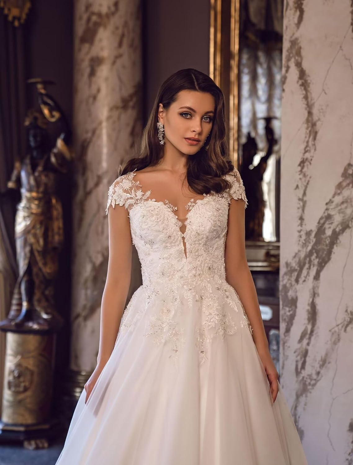 Yuxin Ball Gown Lace Wedding Dresses for Bride 2026 Off Shoulder A Line Princess Bridal Dress with Sleeve Train YX026