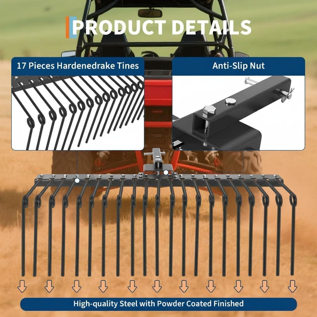48" Pine Straw Rake for Tractor, 2" Receiver Tow-Behind Landscape Rake with 17 Powder-Coated Steel Tines for ATV/UTV/Lawn Tractor, Leaf Collection & Yard Debris Cleanup, Black