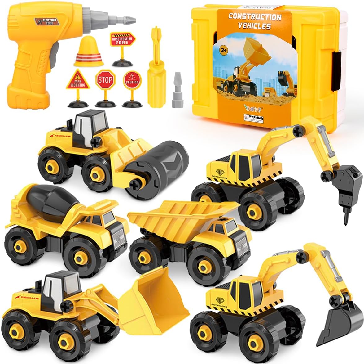 6 in 1 Take-Apart Construction Vehicles include Toy Drill & Box, Digger Excavators Truck Building STEM Learning Gift, Electric Drill Toy Set for Boys Girls 3 4 5 Years Old