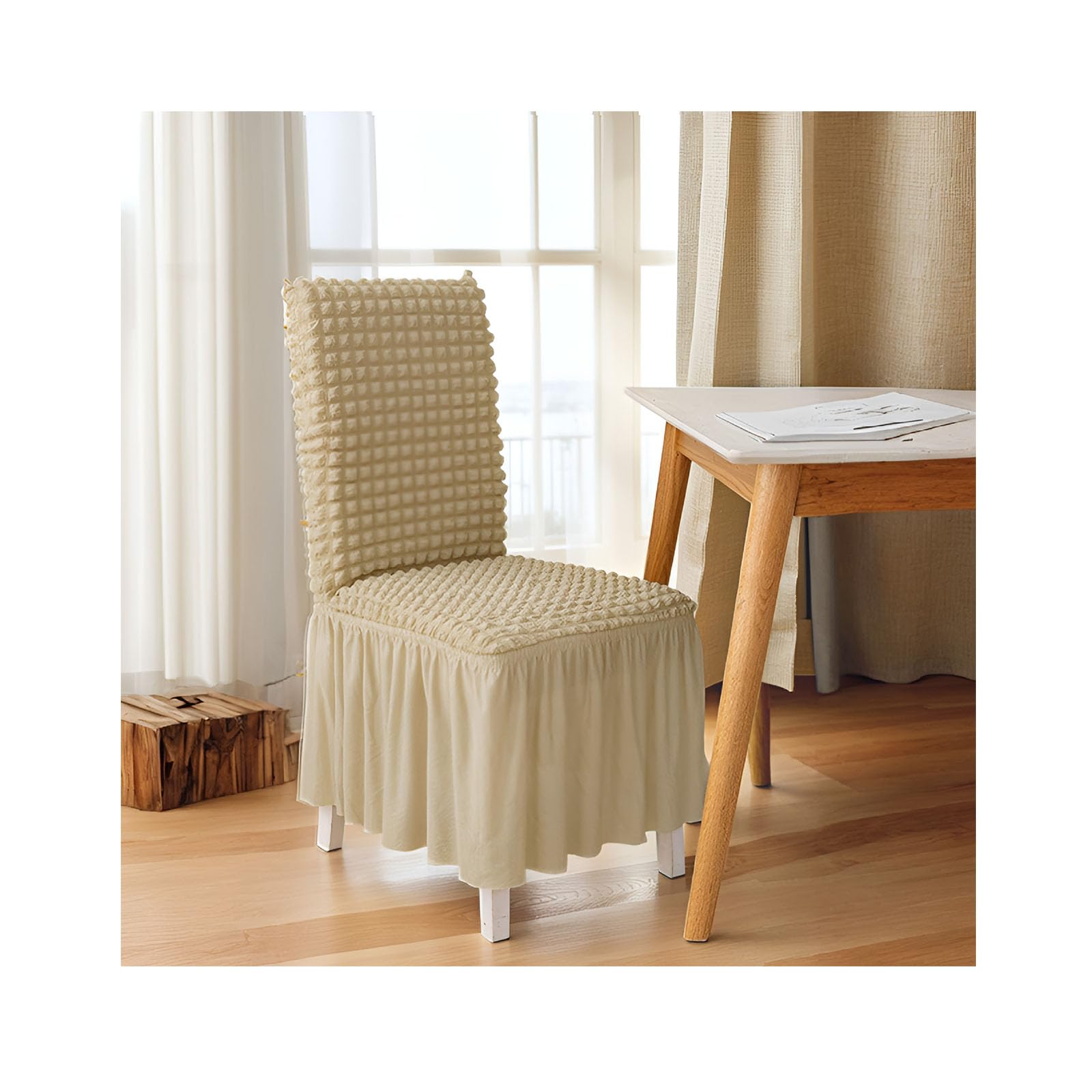 Coprisedie con Schienale 1/2/4/6 Pezzi,Copertura Sedie Sala da Pranzo con Gonna A Volant,Copri Sedie Elasticizzato Lavabile Elastica,Texture Bubble,Traspirante Confortevole,Beige,6 PCS
