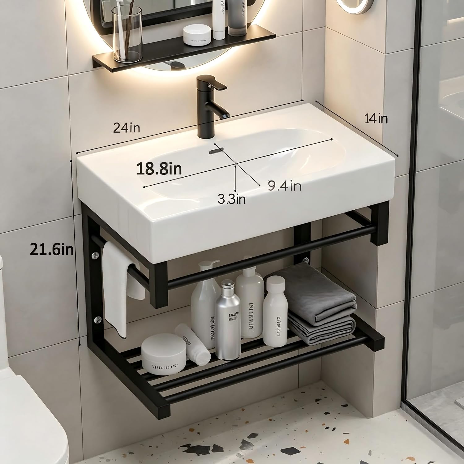 24" Wall Mounted Bathroom Sink Combo, White Ceramic Vessel Sink with Black Towel Rack & Matte Black Faucet, Small Floating Vanity Sink Set for Cloakroom, RV, Laundry Room