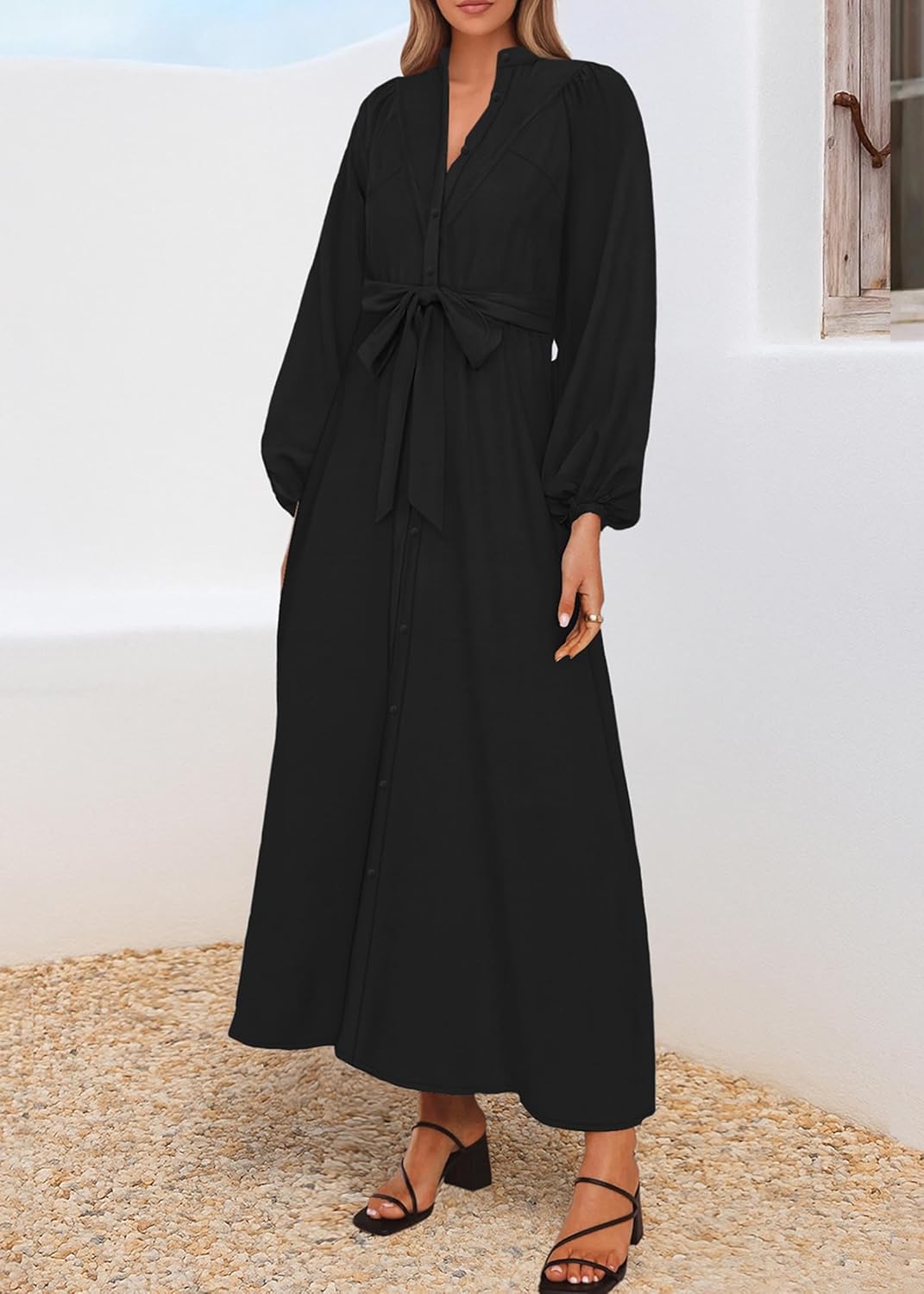 Lazysmile Maxi Dresses for Women 2025 Casual Long Sleeve Button Down Belted Boho Floral Shirt Dress with Pockets - Image 5