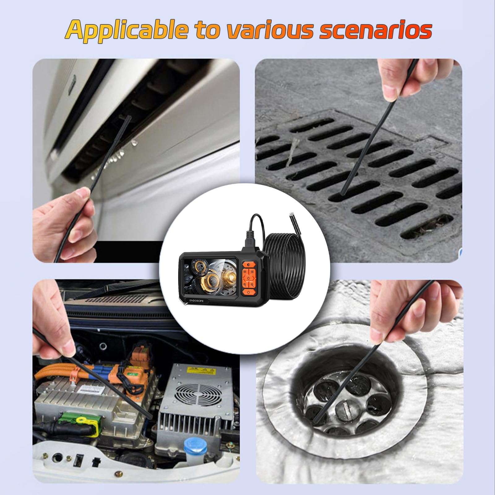 Camara Endoscopica con Pantalla y Luz, 8 mm 4,3 Pulgadas IP67 Resistente al Agua 1080P HD inspección de alcantarillado endoscopio Industrial con 8 Luces LED, Cable semirrígido de 5 m