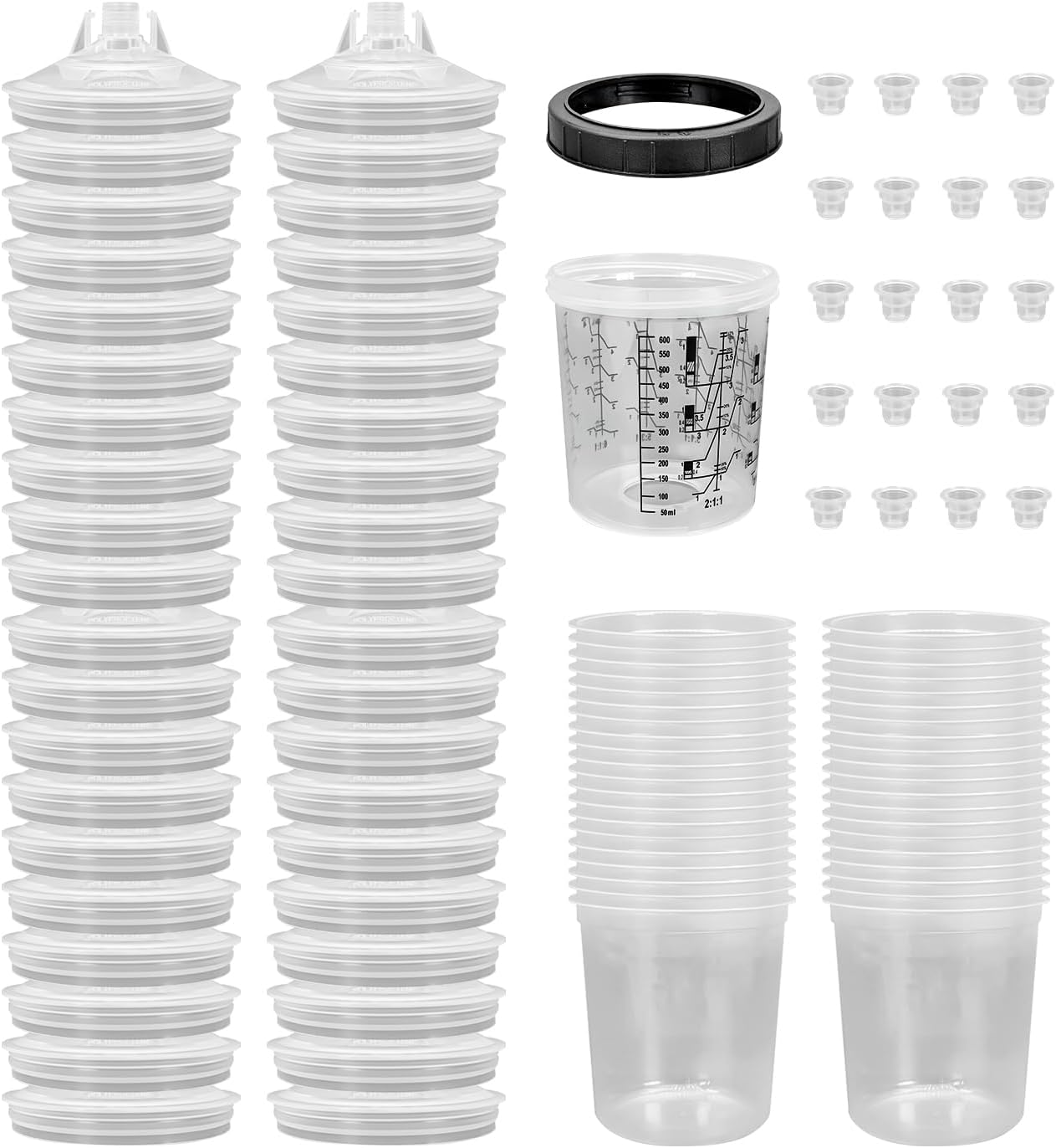 Disposable Paint Sprayer Mixing Cup Liners and Lid System for HVLP Spray Gun,Car Paint Gun 20 Ounce(600ml)Kit with 40 Cups Liners,40 Lids with Strainer,1 Hard Cup with Retainer Ring,20 Plugs