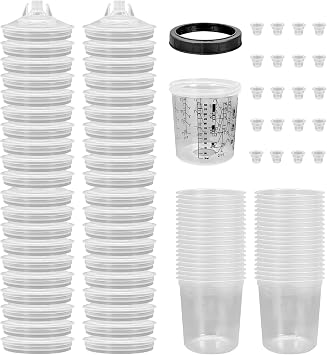 KREFINISH Disposable Paint Sprayer Mixing Cup Liners and Lid System for HVLP Spray Gun,Car Paint Gun 20 Ounce600mlKit with 40 Cups Liners,40 Lids with Strainer,1 Hard Cup with Retainer Ring,20 Plugs