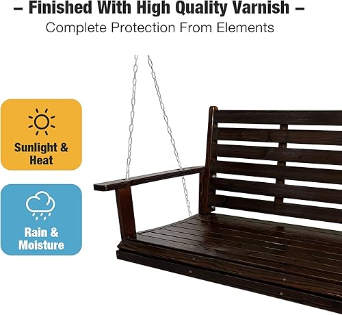 Miniatura 5 de Columpio de madera para porche, asiento ergonómico, columpio de banco con cadenas colgantes y resortes de 0.276 in, resistente, 880 libras, para