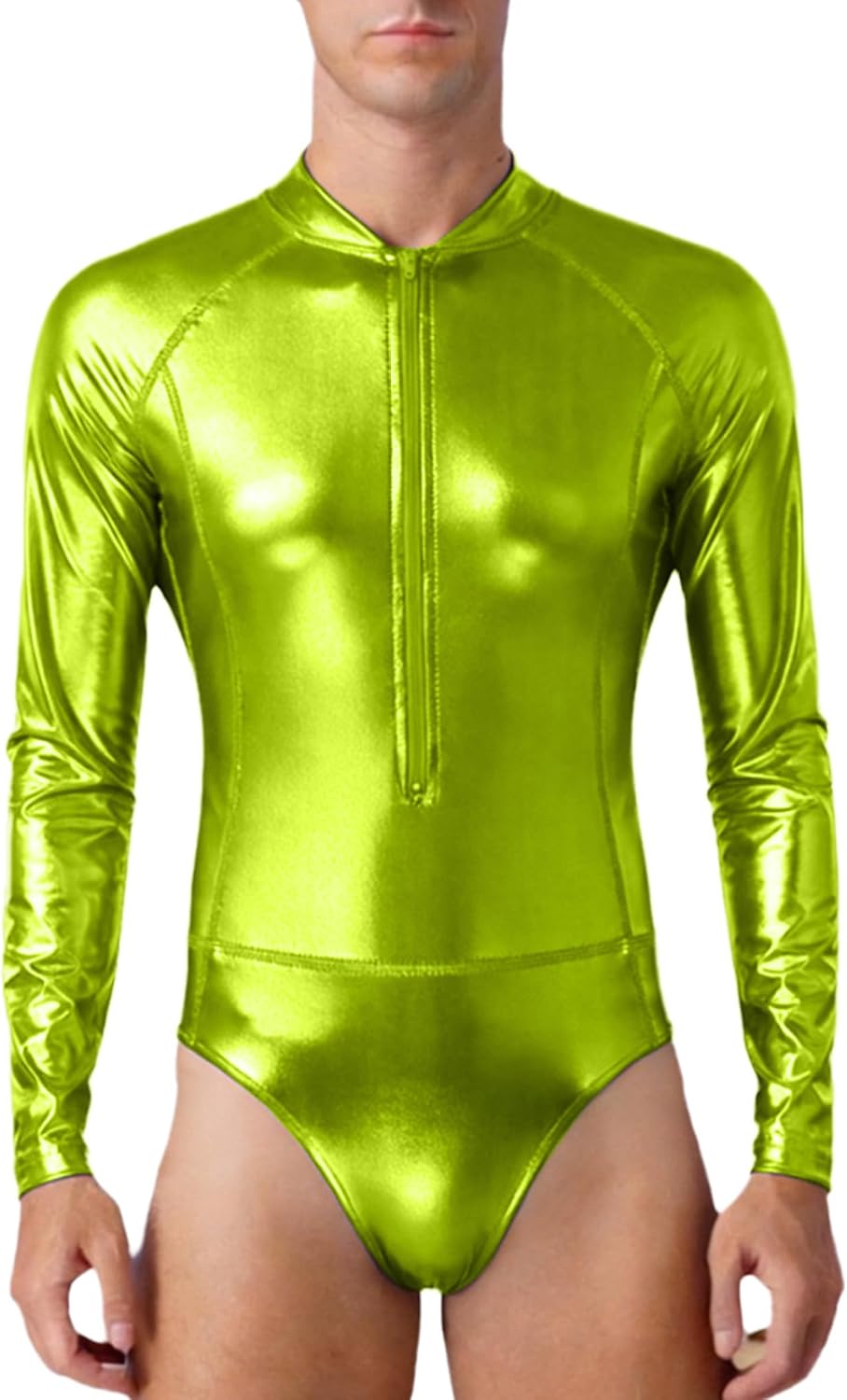 Lejafay Mens Metallic Shiny Bodysuit Elasticity Bodycon Gym Underwear Leotard Party Club Wear