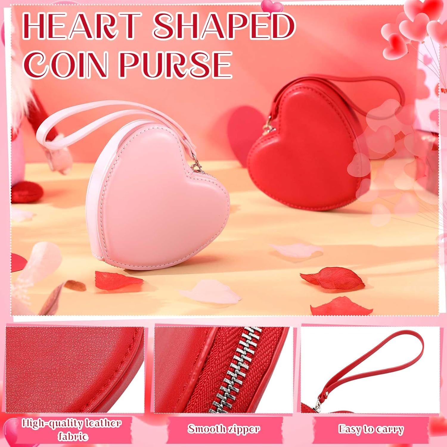 Abbylike 2 Pcs Pink Red Heart Shaped Coin Purse PU Leather Pouch Coin Holder Pink and Red Handbag with Hand Strap for Anniversary, Wedding, Shopping, Dating, Women Gift
