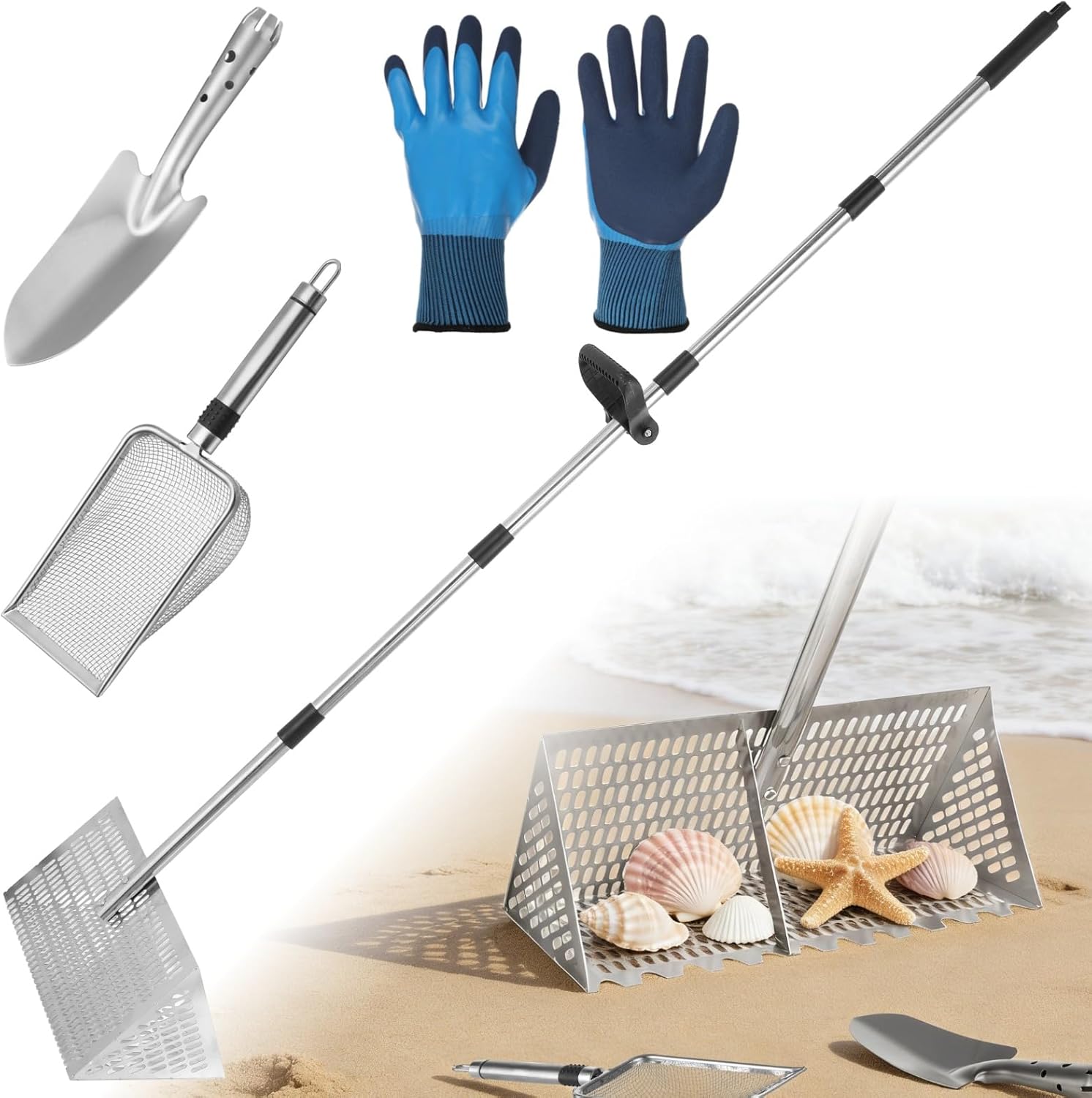 Sand Flea Rake, 68.9 in Stainless Steel Sand Sifter with Mesh Shovel and Gloves, 304 Stainless Steel Beach Rake with 7.1 x 15.7 x 7.9 in Basket for Ocean Flea, Shark Tooth, Treasure Hunting