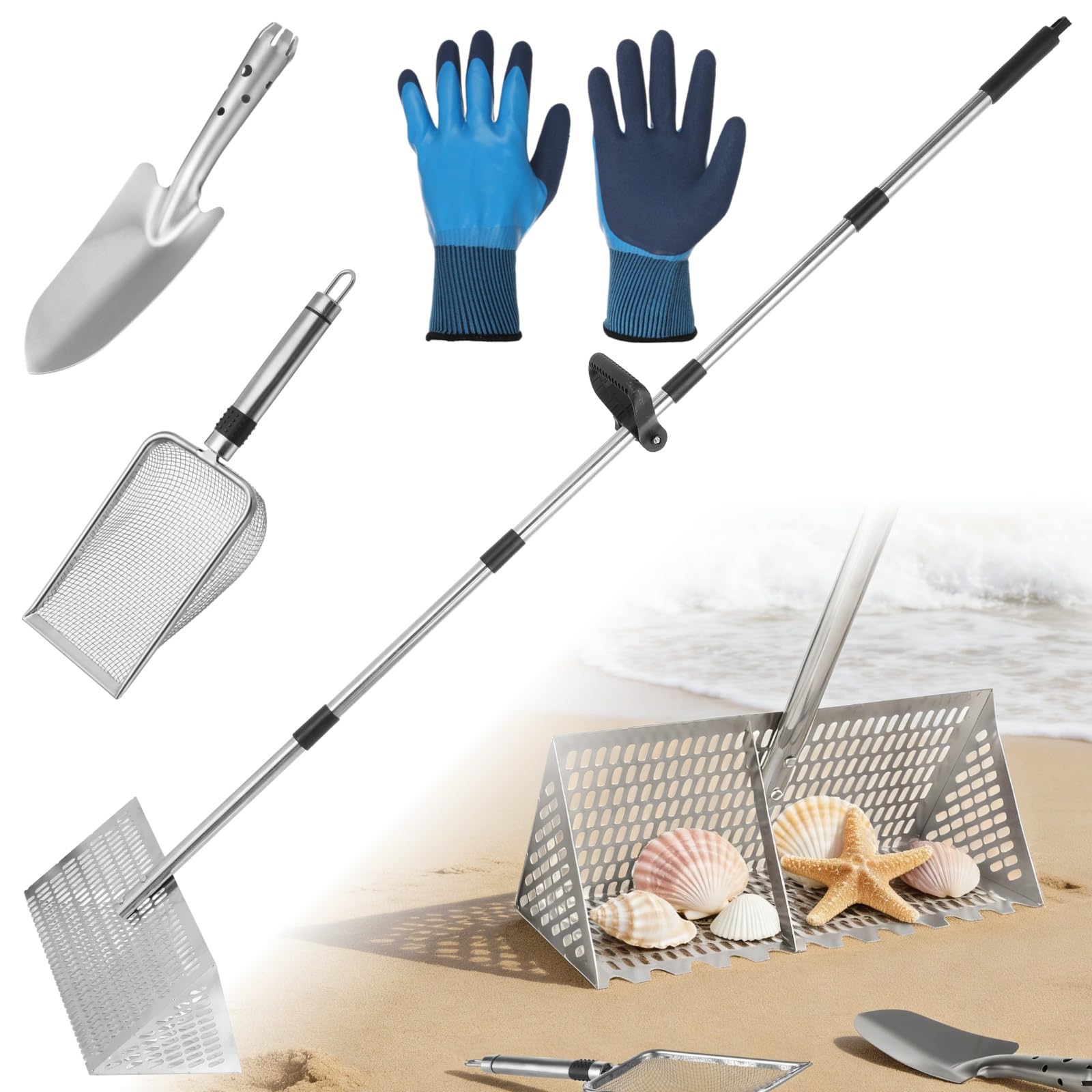 Photo 1 of Sand Flea Rake, 68.9 in Stainless Steel Sand Sifter with Mesh Shovel and Gloves, 304 Stainless Steel Beach Rake with 7.1 x 15.7 x 7.9 in Basket for Ocean Flea, Shark Tooth, Treasure Hunting