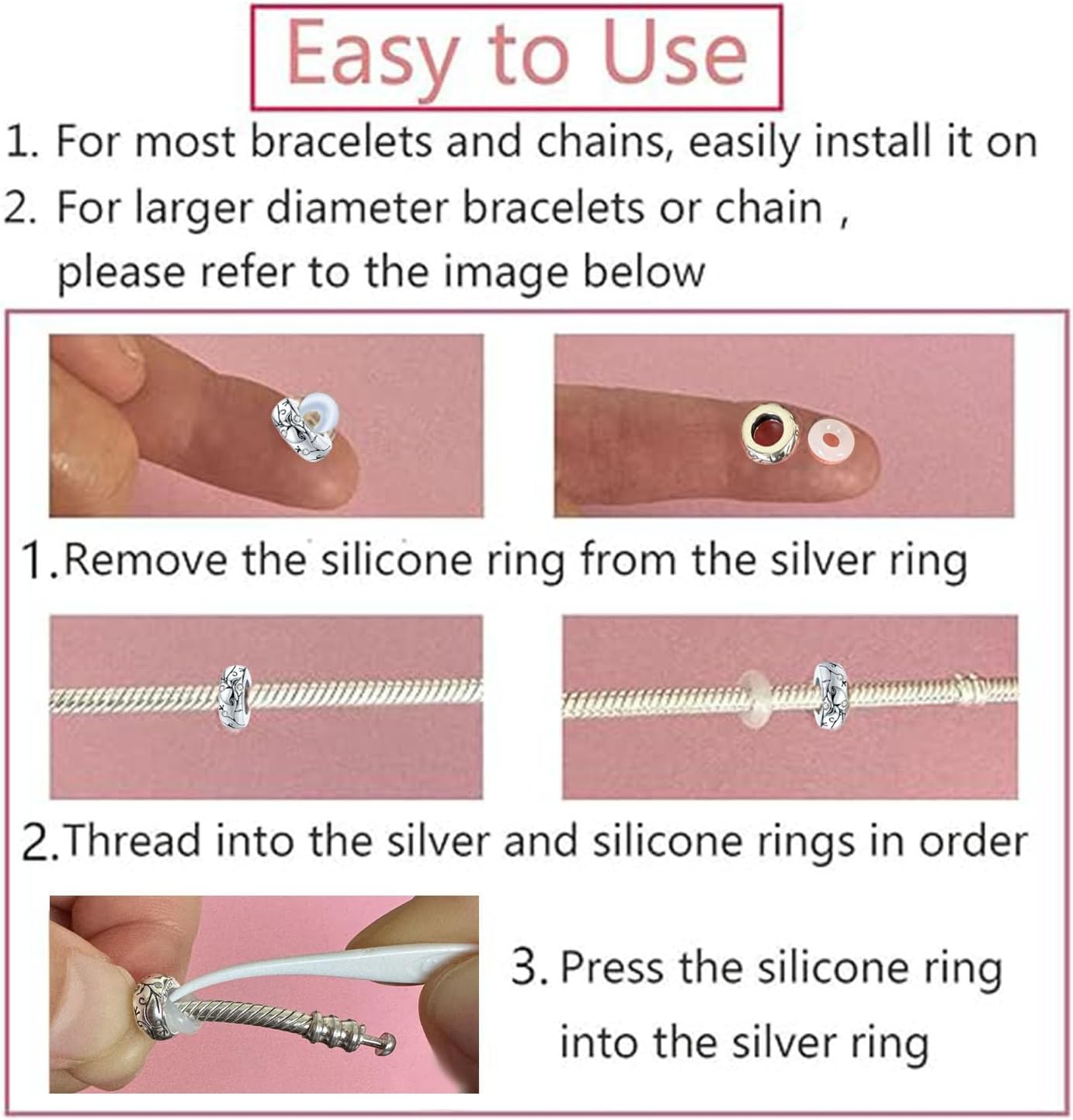 Clip Stopper Charms Sterling Silver Rondelle Spacer Bead for Bracelets (Silver)